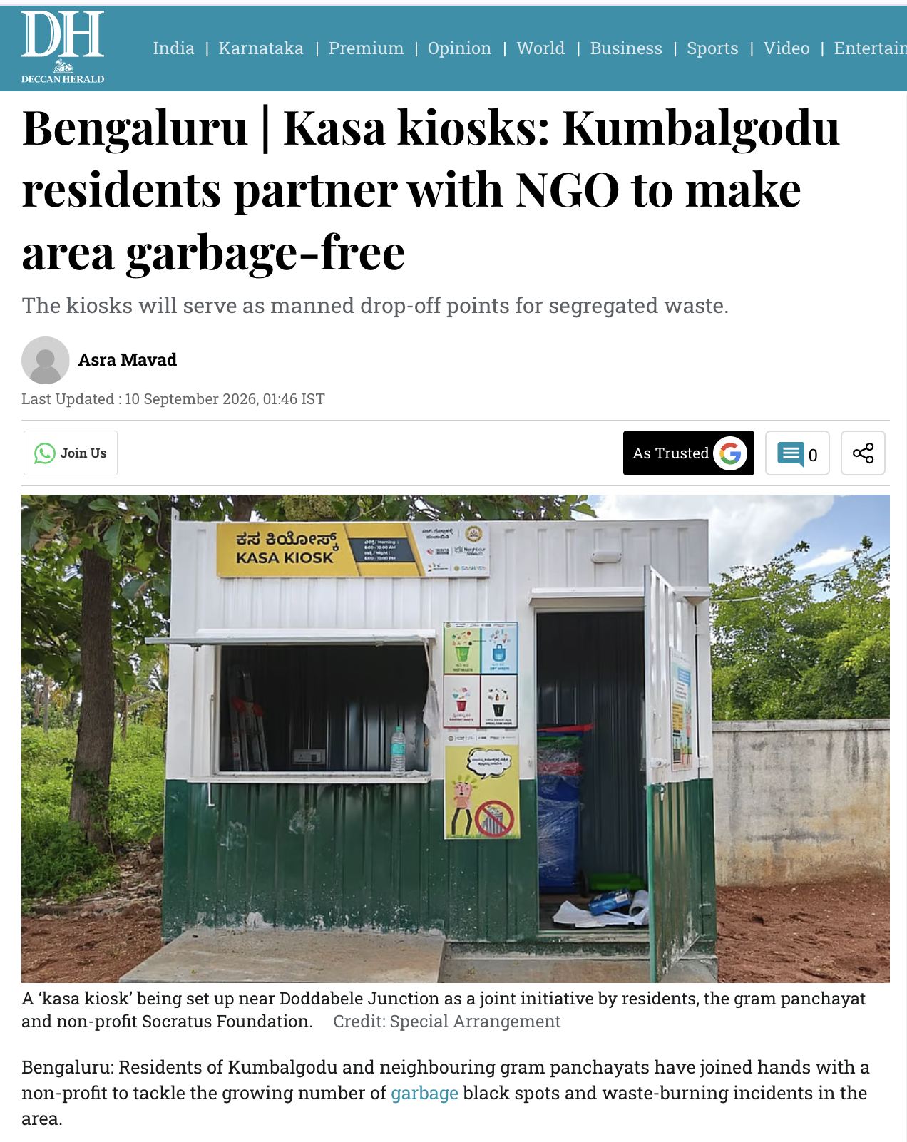 Deccan Herald article about Kasa Kiosks in Kumbalgodu