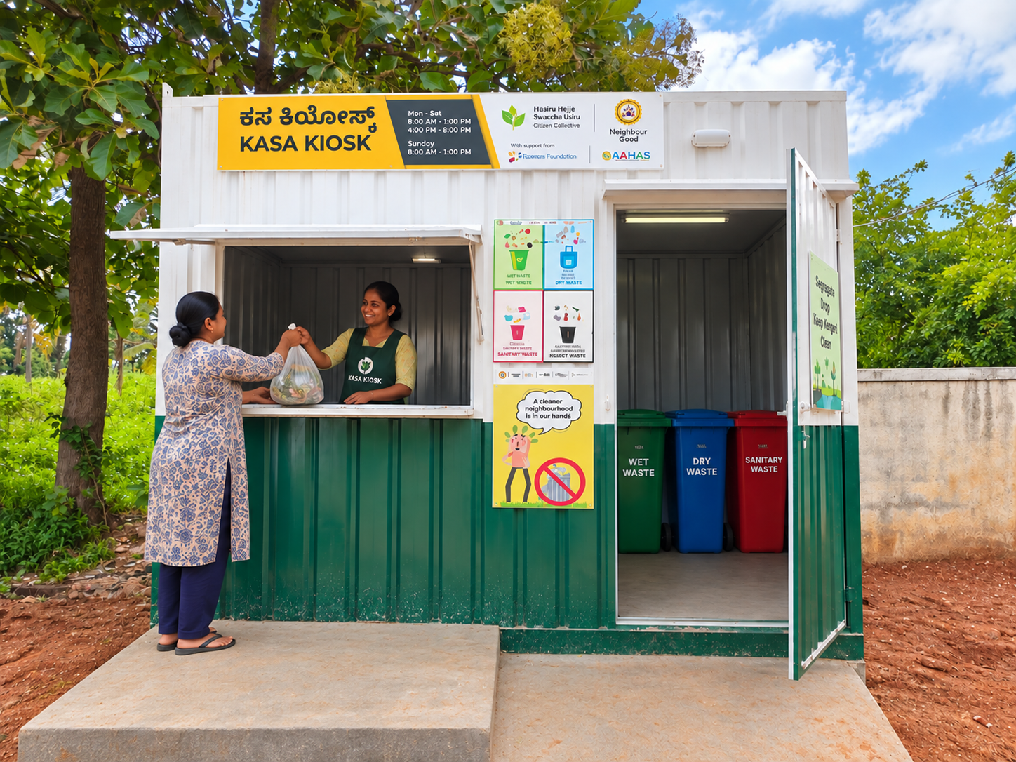 A resident handing segregated waste to a Kasa Kiosk operator