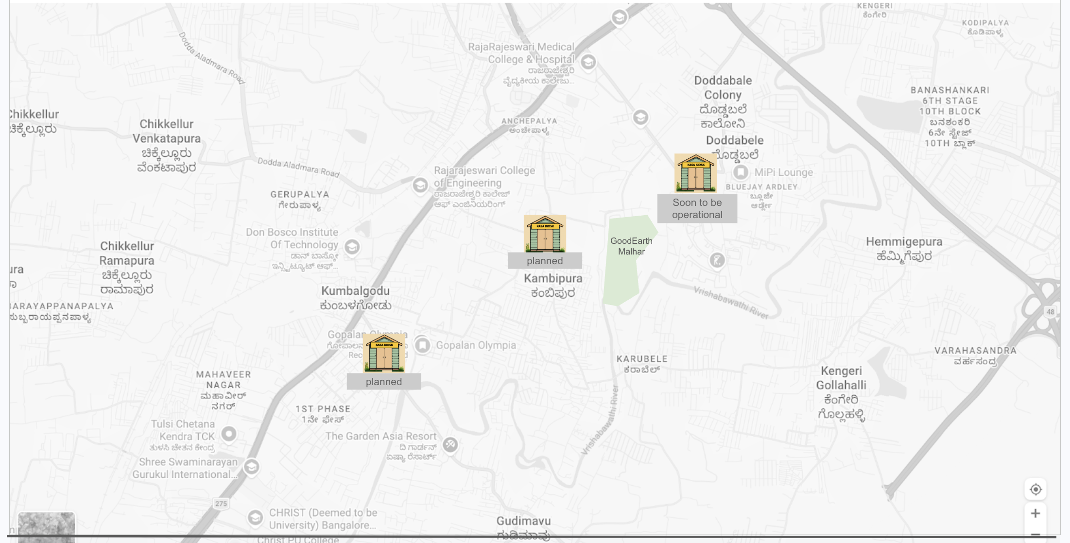 Map of Kengeri showing Kasa Kiosk locations at Doddabele, Kambipura and Gopalan Olympia