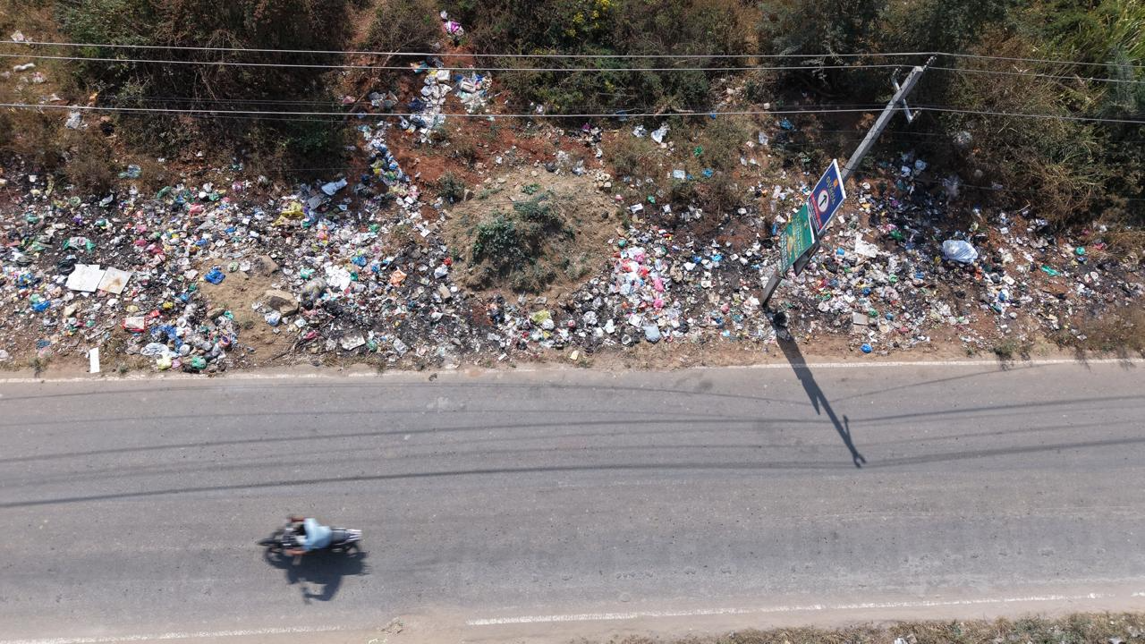 Aerial view of roadside waste dumping in Doddabele