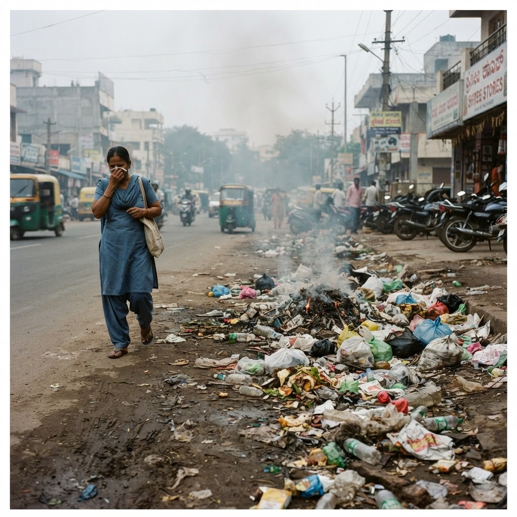 Garbage dumped and burning beside a road as a passerby covers their nose in polluted air